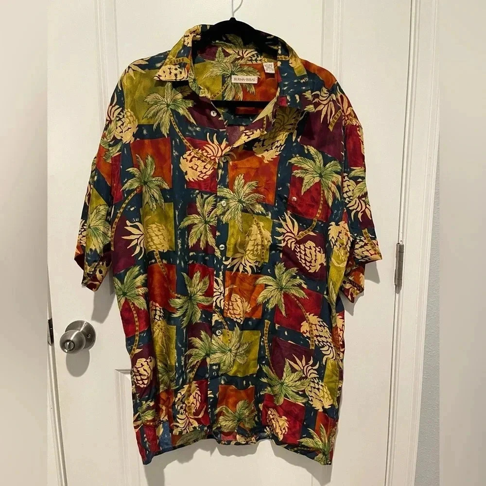 BURMA BIBAS SHIRT SHORT SLEEVE SILK COLORFUL FLORAL PINEAPPLES SIZE L ALOHA